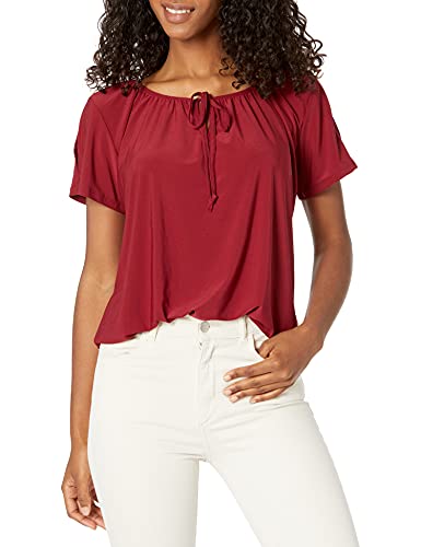 Star Vixen womens Star Vixen Women's Short/Slit Sleeve Keyhole-tie Peasant Top Bubble Hem Blouse, Burgundy, X-Large US
