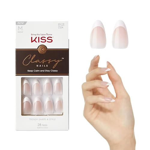 KISS Classy Press On Nails, Nail glue included, Dashing', Light White, Medium Size, Almond Shape, Includes 28 Nails, 2g glue, 1 Manicure Stick, 1 Mini File