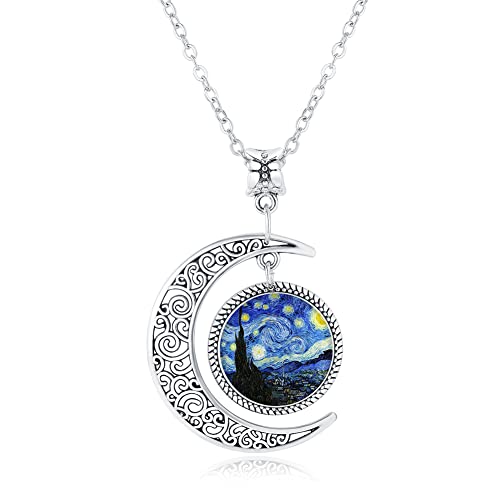 LIAOWY Half Moon Necklace Starry Night Pendant Vincent Van Gogh Art Handmade Jewelry