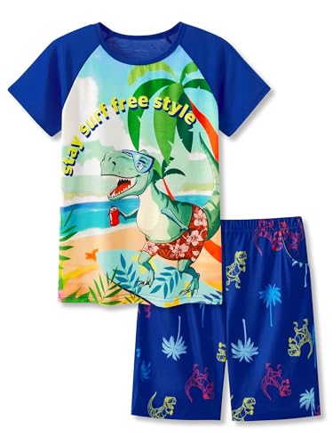 Tebbis Pajamas For Boys Fun Surf Dino Short Sleeves 2-Piece PJs Set Kid Comfy Sleepwear Size 16
