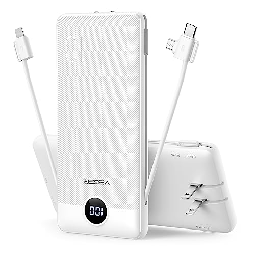 VEGER Portable Charger for iPhone Built in Cables Fast Charging USB C Slim 10000 Power Bank, Wall Plug USB Battery Pack for iPhones, iPad, Samsung More Phones Tablets (White)