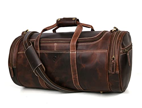 Full Grain Leather Travel Duffle Barrel Bag With Adjustable Straps 22 Inch Large Compartment & Zippered Side Pockets Weekend Overnight Bag (Brown)