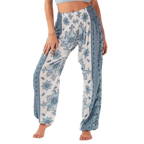 Lotus and Luna Women's Harem Pants Thai Pants for Beach & Lounge High Waisted Flowy Boho Pants Genie Pants Yoga Pants (US, Alpha, Medium, Blue & White Tile)