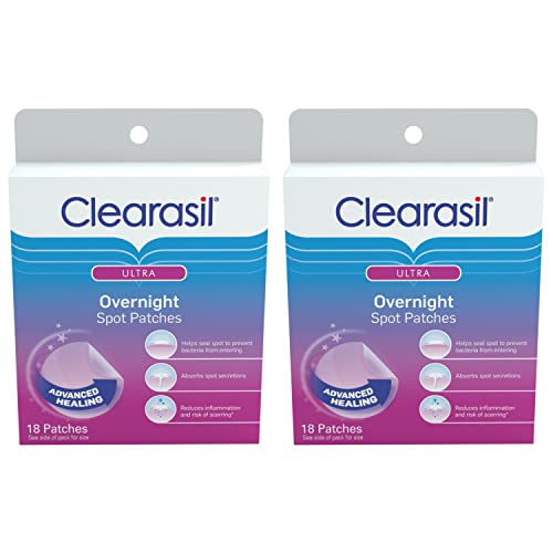 Clearasil Overnight Spot Patches, Advanced Healing Hydrocolloid Acne Pimple Treatment, Blemish Spot Stickers for Face, 18 Count (Pack of 2)
