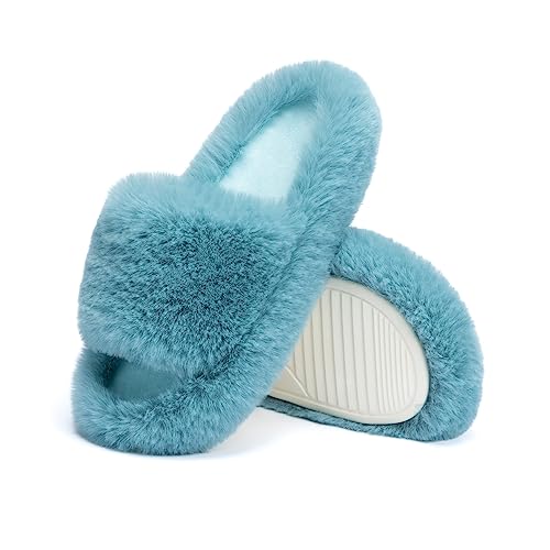 Chantomoo Women's Slippers Memory Foam House Bedroom Slippers for Women Fuzzy Plush Comfy Faux Fur Lined Slide Shoes Anti-Skid Sole Trendy Gift Slippers Turquoise Green Size7 8 6.5