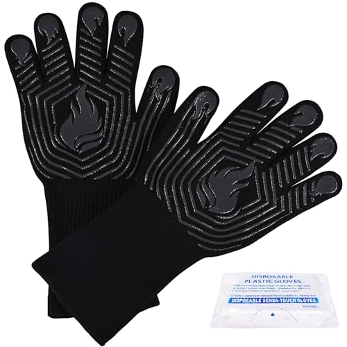 BBQ Gloves, 1472°F Heat Resistant Fireproof Mitts, Silicone Non-Slip Washable Oven Kitchen Gloves for Barbecue, Grilling, Cooking, Baking, Camping, Smoker (Black)