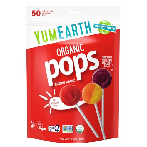 YumEarth Organic Fruit Flavored Pops, 50 Lollipops, Allergy Friendly, Gluten Free, Non-GMO, Vegan, No Artificial Flavors or Dyes