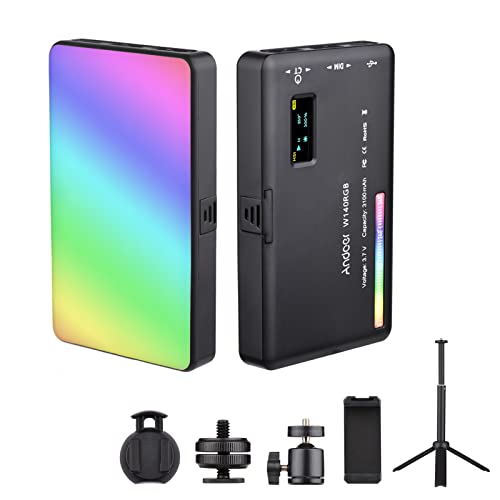 Andoer RGB Video Light Portable, W140 RGB LED Video Light Kit, CRI95+ 2500K-9000K Dimmable 20 Lighting Effects with Desktop Tripod Ballhead Phone Holder Computer Clip Cold Shoe Adapter