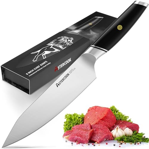 Astercook Chef Knife, 8 Inch Professional Kitchen Chef Knife, ABS Handle Dishwasher safe German High Carbon Stainless Steel Ultra Sharp Kitchen Knife, Chefs Knives with Ergonomic Handle and Gift Box