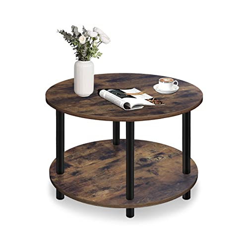 Vanrohe Small Round Coffee Table for Small Space, 23.5' 2-Tier Rustic Brown Wooden Coffee Table with Open Storage for Living Room/Balcony/Office, Metal Legs, Easy to Assemble