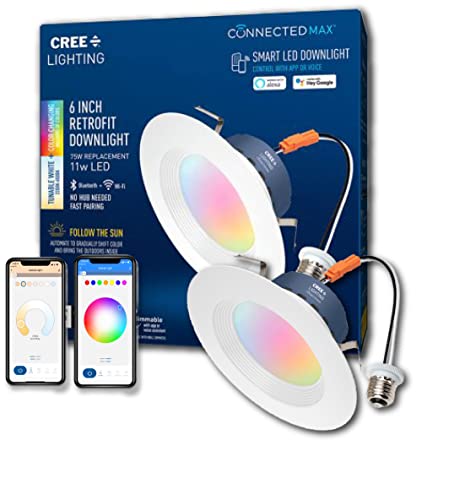 Cree Lighting Connected Max Smart Led 6 Inch Downlight Tunable White + Color Changing, 2.4 Ghz, Works With Alexa And Google Home, No Hub Required, Bluetooth + Wifi, 1Pk (Cmdl6-75W-Al-9Ack)