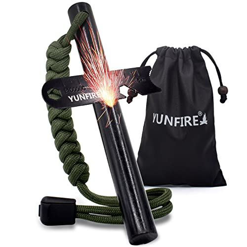 YUNFIRE Fire Starter-5' x 1/2' Thick Ferro Rod with Multi-Tool Striker & Type 550 Paracord, 25,000+ Strikes, Flint Fire Steel