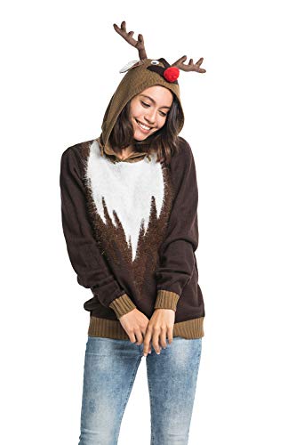 Women Ugly Christmas Hoodie for Adult Men`s Unisex Xmas Hooded Sweater Pullover for Party Festive Real Reindeer Wear Fur Large