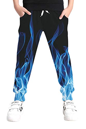 Little Boys Cool Pants with Drawstring 3D Printed Blue Flaming Fire Sweatpants for Girls Size 10 12 Spring Novelty Black Flame Smoke Joggers 11 13 Years Old Youth Exercise Active Home Party Clothes