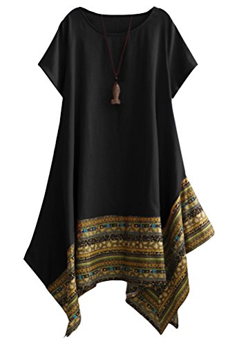 Minibee Women's Ethnic Cotton Linen Short Sleeves Irregular Tunic Dress (2XL, Black)
