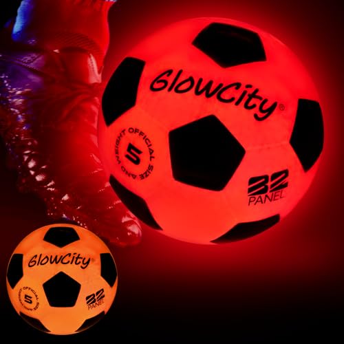 GlowCity Glow in The Dark Soccer Ball- Light Up, Indoor or Outdoor Soccer Balls with 2 LED Lights and Pre-Installed Batteries - Gift Ideas for Teen Boys and Girls