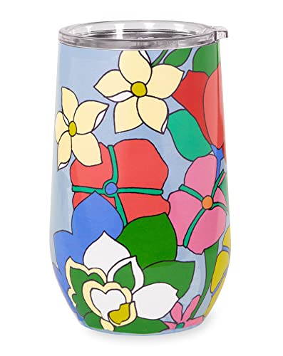 Kate Spade New York Insulated Stainless Steel Wine Tumbler, 16 Ounce Double Wall Tumbler, Stemless Travel Cup with Lid, Flower Bed