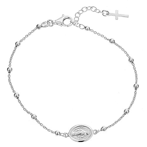 Ritastephens Italian Sterling Silver Miraculous Mary Medal Small Cross Adjustable Rosary Bracelet 7'