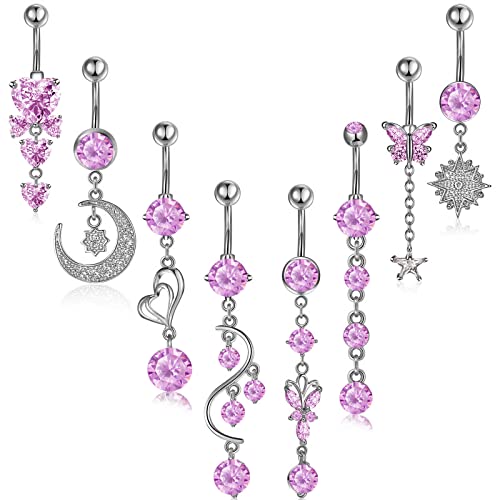 Hicarer 8 Pieces 14G Belly Button Rings Steel Long Dangle Navel Ring CZ Body Piercing Jewelry