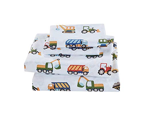 Elegant Homes Construction Site Equipment Trucks Tractors Cranes Excavators Design 4 Piece Printed Sheet Set with Pillowcases Flat Fitted Sheet for Boys/Kids # Construction Trucks (Queen Size)