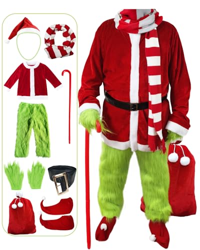 Christmas Santa Claus Costume Green Furry Monster Suits Outfit Santa Coat Cosplay Mask Halloween Christmas Costumes for Men (L)