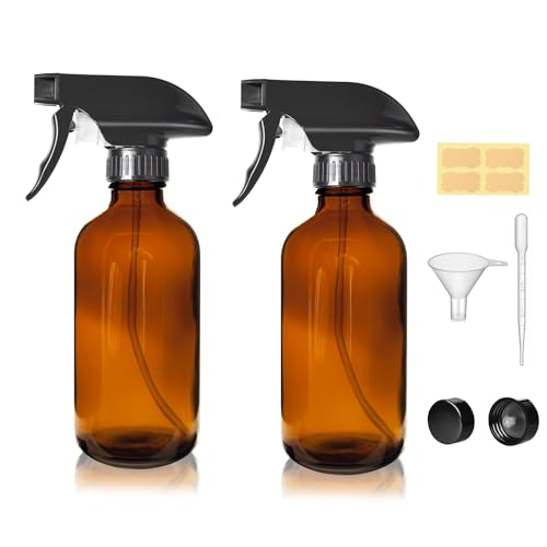 LANBEAUTIFY 8 oz Amber Glass Spray Bottles - 2 Pack Empty Refillable Bottle for Cleaning Solutions,Hair Care,Essential Oils, Plants - Durable Nozzle,with Labels &Funnel, Dropper
