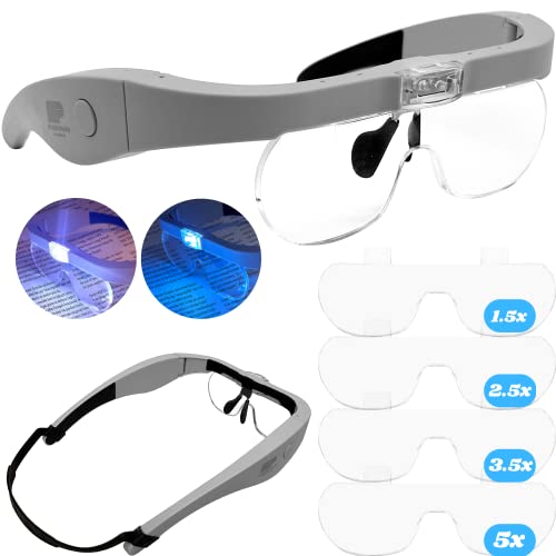 MagniPros Head Magnifying Glasses, [Rechargeable] Headband Magnifier with Comfy Padding, 2 Ultra Bright LEDs, 4 Detachable Lenses 1.5X, 2.5X, 3.5X, 5X for Close Work, Crafts, Repair & Reading