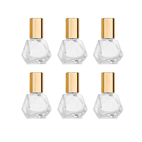 Furnido 5ml(1/6oz) Shaped Glass Roller Bottle For Essential Oils,Mini Glass Bottles With Stainless Steel Roller Balls,Gold Aluminum Caps Portable Roll-On Vial Aromatherapy Perfume Container-Pack of 6