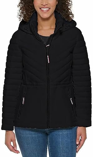 Tommy Hilfiger Women's Puffer Lightweight Hooded Stretch Jacket with Drawstring (Black, M)