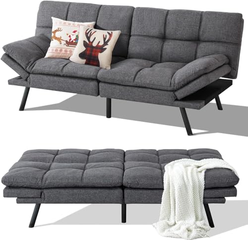 MUUEGM Futon Sofa Bed Couch Convertible Memory Foam Sleeper Love Seat,Modern Daybed for Living Room,Office,Small Space,Apartment,Adjustable Backrests Armrests,71' Sofabed, Pure Grey