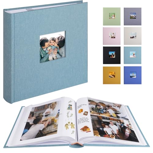 1DOT2 Photo Album with Writing Space 50 Pages 4x6 Photos Hold 200 or 5x7 Pictures Hold 100, Linen Cover Small Photo Book Albums with Memo for Anniversary Wedding Baby (Cyan Blue)