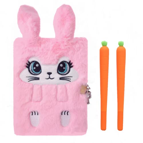 Luolizon Bunny Diary with Lock for Girls,Kids Cute Fuzzy Journal Girls Fluffy Rabbit Notebook Age 8-12 Christmas Gift Set with 2 Carrot Pens for Birthday,New Year
