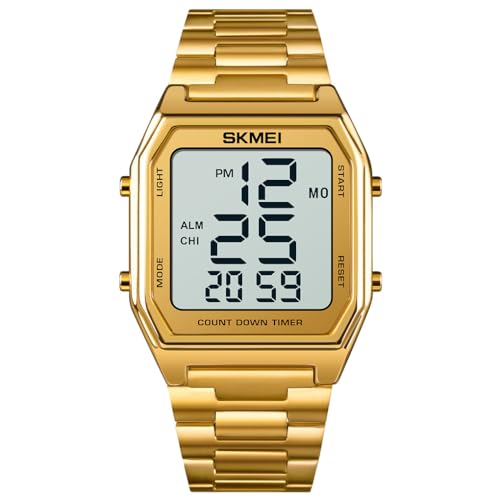 Gosasa Classic Unisex Women's Men's Digital Multifunction Stainless Steel Band Square Waterproof Watch Rose Gold (Gold)