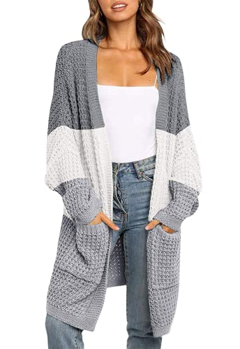 ZESICA Women's 2023 Fall Long Batwing Sleeve Open Front Chunky Knit Cardigan Sweater,ContrastGrey,X-Large