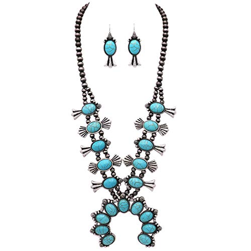 Rosemarie & Jubalee Women's Statement Western Howlite Squash Blossom Necklace Earrings Set, 27'-30' with 3' Extension (Turquoise Blue)