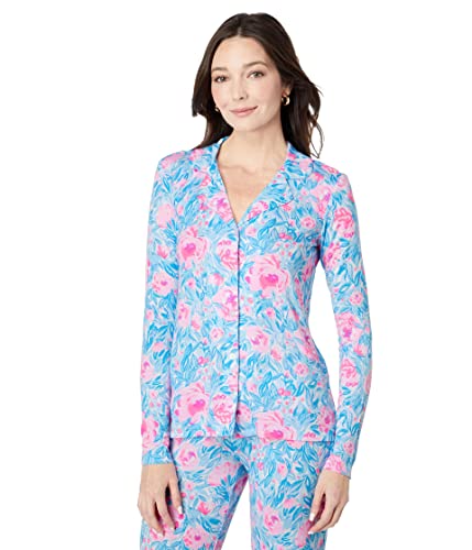 Lilly Pulitzer PJ Knit Long Sleeve Button-Up Top for Women - Rayon Blend - Button-Front Closure - Straight Fit Bondi Blue My Little Peony LG One Size