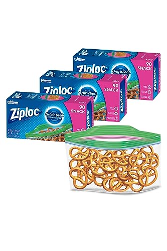 Ziploc Snack Bags, Storage Bags for On the Go Freshness, Grip 'n Seal Technology for Easier Grip, Open, and Close, 90 Count (Pack of 3)