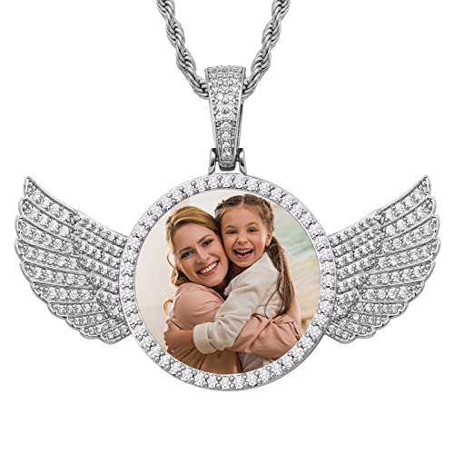 YIMERAIRE Custom Photo Pendant Necklace Personalized Meaning Gifts Hip Hop Necklace Jewelry With 24inch CZ Chain (Silver Angel Necklace)