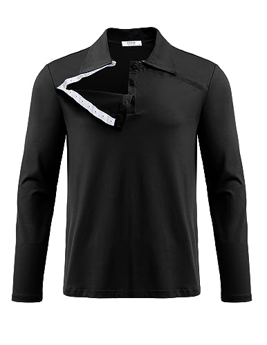 Deyeek Chemo Port Shirts for Men Recovery Long Sleeve Shirt Open Snap Adaptive Clothing Shoulder Surgery Shirts for Men Black