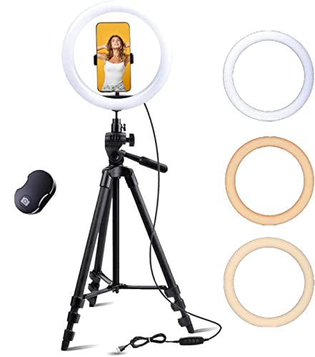 Fugetek 12' Selfie Ring Light with 54' Extendable Aluminum Tripod, Wireless Bluetooth Remote, Phone Holder, for Live Stream Video, Photos, Make Up, 3 Color Modes, USB Powered