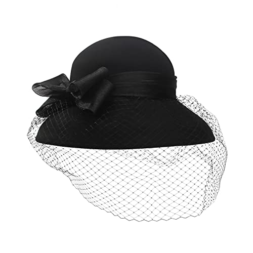 RETRONLY Black Wool Hats with Veil - Classic Wide Brim Church Hat Winter Fedora Hats Felt Cloche Hat Derby Fascinators