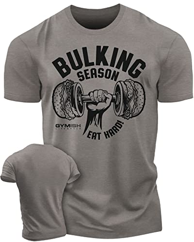 Workout Shirts for Men, Bulking Season Gym Shirt, Funny Lifting T-Shirt (LG, Bulking Season V2 Warm Grey)