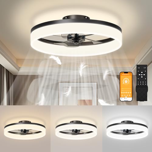 JOFIOS Low Profile Ceiling Fans with Lights, 19.7in Flush Mount Fandelier Ceiling Fan with 6 Wind Speeds, Dimmable Black Modern Smart Bladeless Ceiling Fan Light with Remote for Bedroom, Living Room