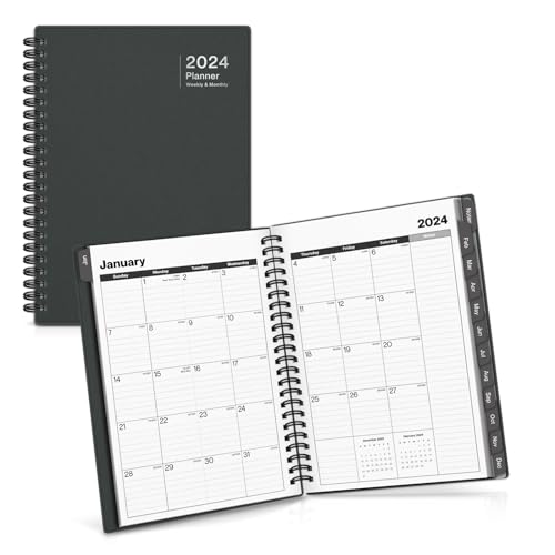 Dunwell Weekly Monthly Planner 2024 (Gray) - 6 x 8.25 Small Planner Notebook, 12 Months, Jan to Dec 2024, Spiral Bound Planner Calendar with Monthly Tabs and Bookmark, 6 x 8 Daily Schedule Planner