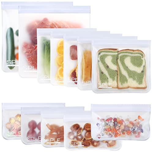 SPLF 12 Pack Dishwasher Safe Reusable Storage Bags (5 Sandwich Bags, 5 Snack Bags, 2 Gallon Bags), BPA Free Freezer Bags Leakproof Silicone and Plastic Free Lunch Bags Food Storage
