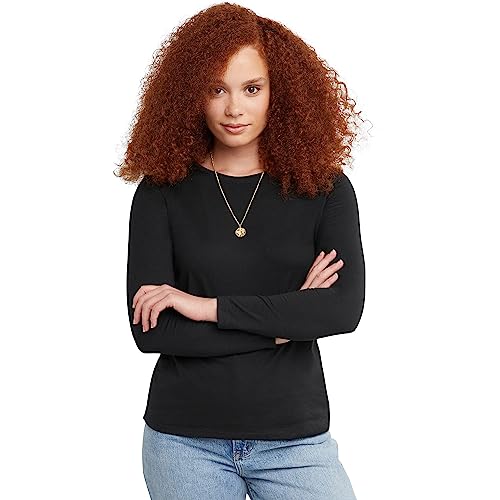 Hanes Women's Originals Long Sleeve Cotton T-Shirt, Lightweight Crewneck Tee, Modern Fit, Ebony, Large