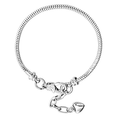 RUBYCA 5pcs White Silver Plated Heart Lobster European Snake Chain Bracelets fit Charm Beads 7.9'