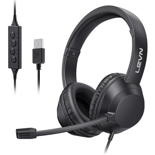LEVN Headset with Mic, USB Headset with Microphone, Computer Headset with Noise Cancelling Microphone for Laptop PC, Mute in-line Controls, Wired Headset for Work from Home/Open Office/Call Center