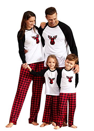 IFFEI Matching Family Pajamas Sets Christmas PJ's with Deer Printed Tee and Plaid Pants Loungewear Women: L