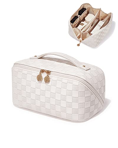 EACHY Travel Makeup Bag,Large Capacity Cosmetic Bags for Women,Waterproof Portable Pouch Open Flat Toiletry Bag Make up Organizer with Divider and Handle (White-4, Medium)